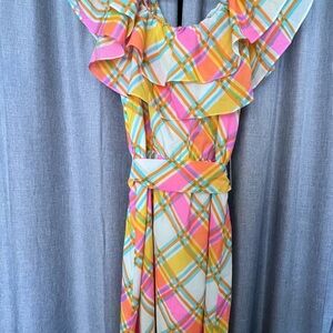 Colorblock Plaid Off-Shoulder Maxi Dress - Yellow, Pink & Aqua